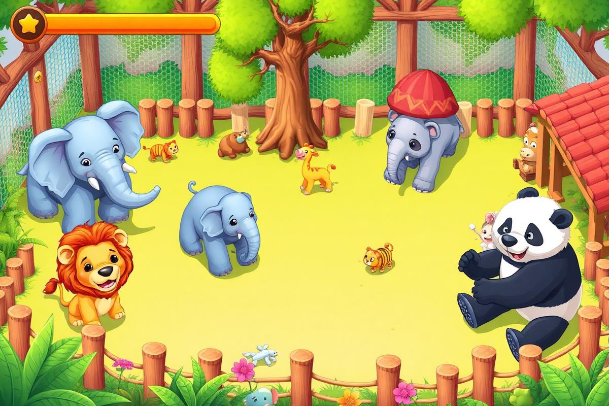 Zoo Township z lwami pandami i słoniami